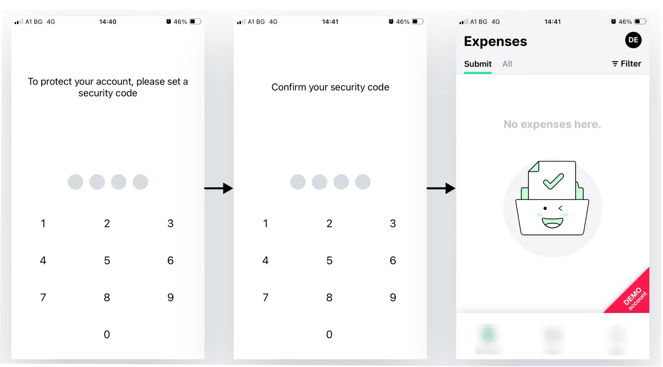 Schritte zum Festlegen und Bestätigen eines Sicherheitscodes in einer Ausgabenverwaltungs-App.