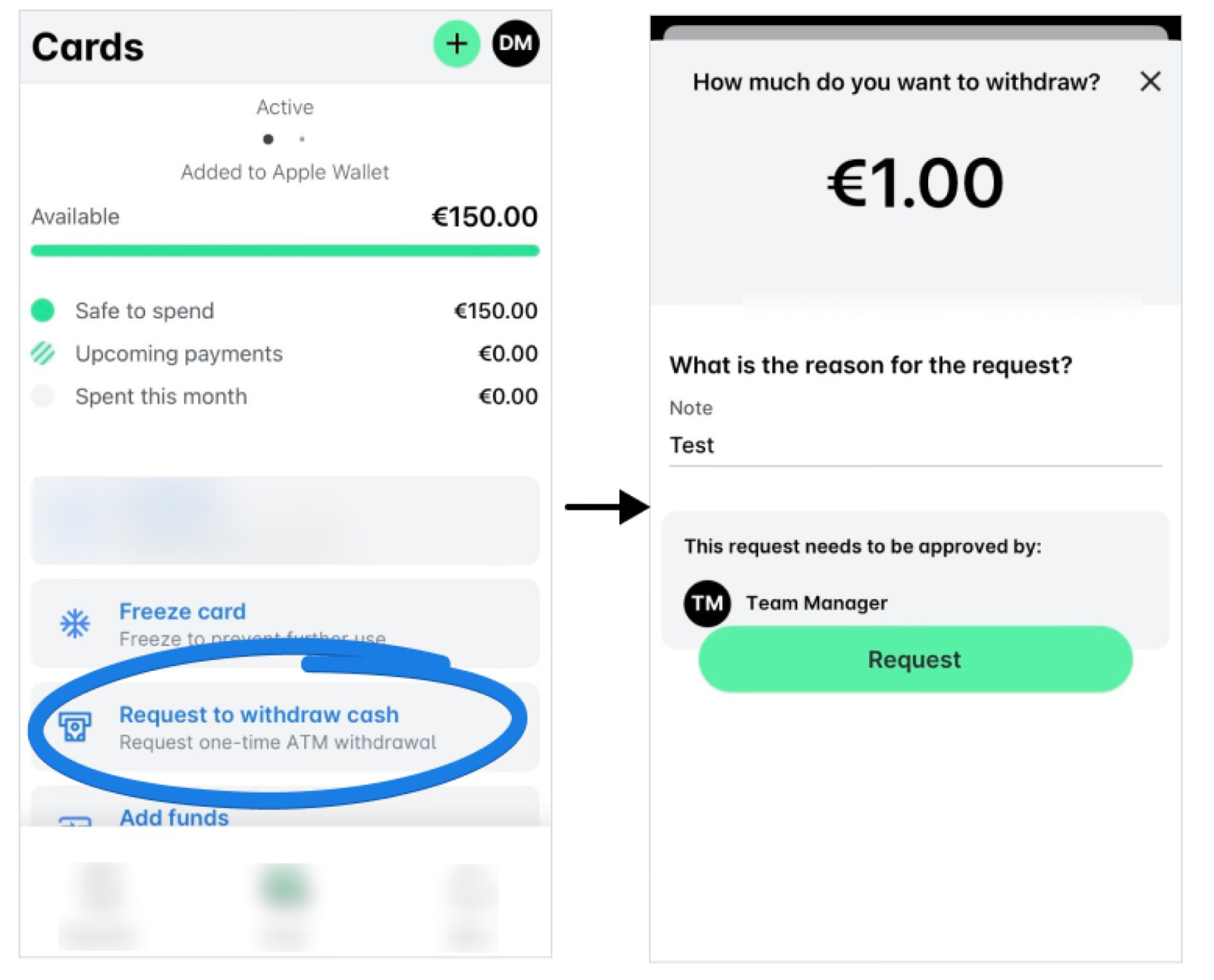 Request to withdraw cash for €1.00 requires approval from the Team Manager.