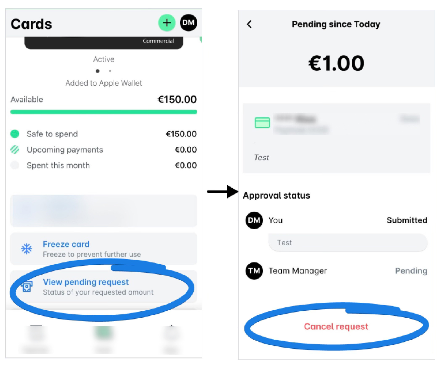 View pending request and cancel request options for a financial transaction.