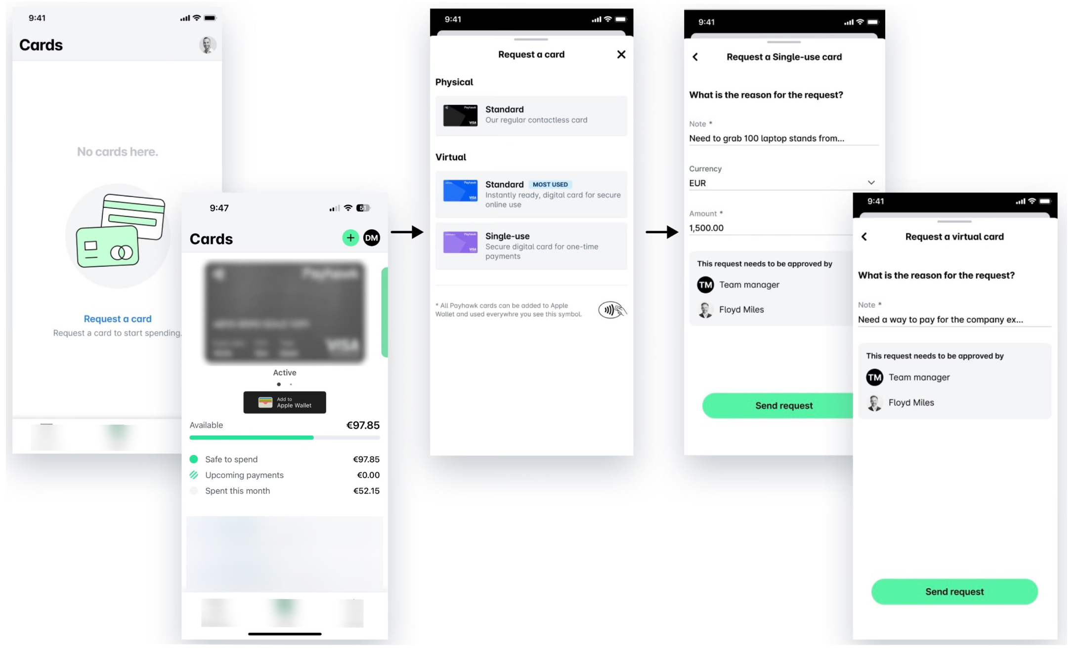 Requesting a virtual card with details for approval and transaction amount.
