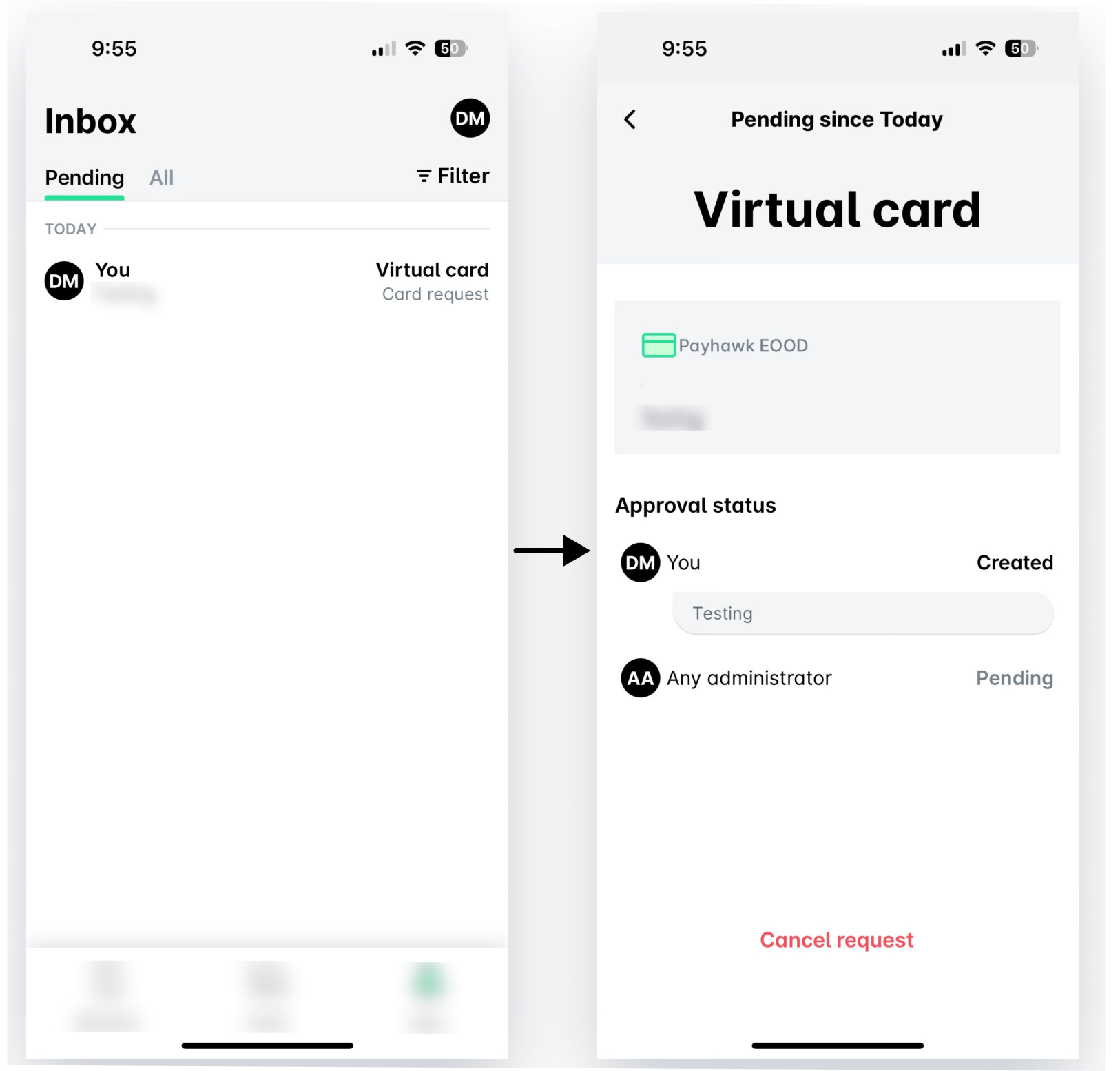 Virtual card request status showing created and pending approvals for users.