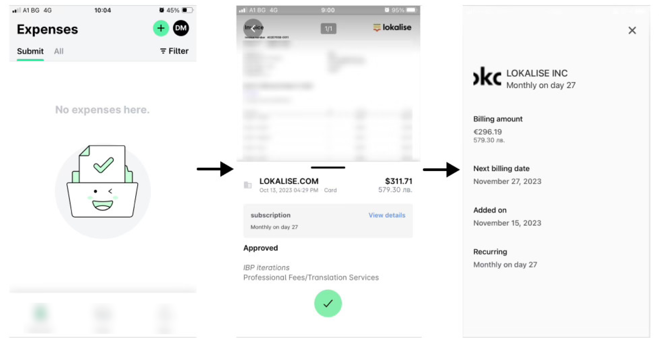 Expense report showing subscription details and next billing date for Lokalise.