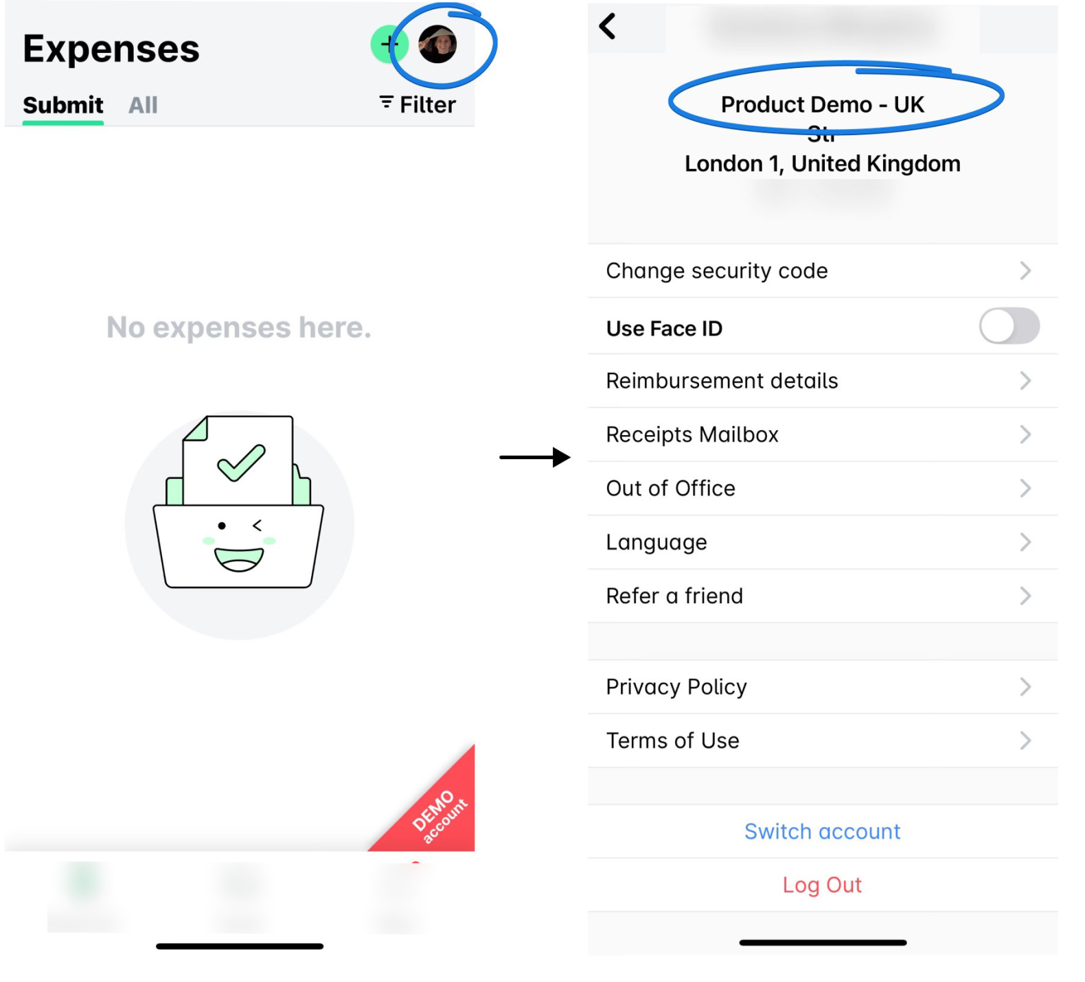 Expense management interface showing no expenses and account settings options.