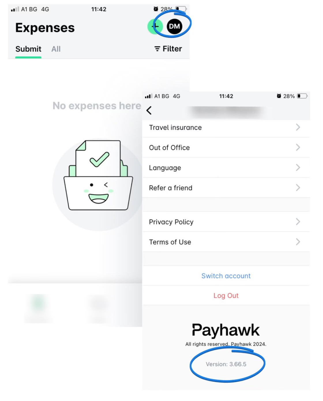 Screenshot of the Payhawk app showing expenses and version information.