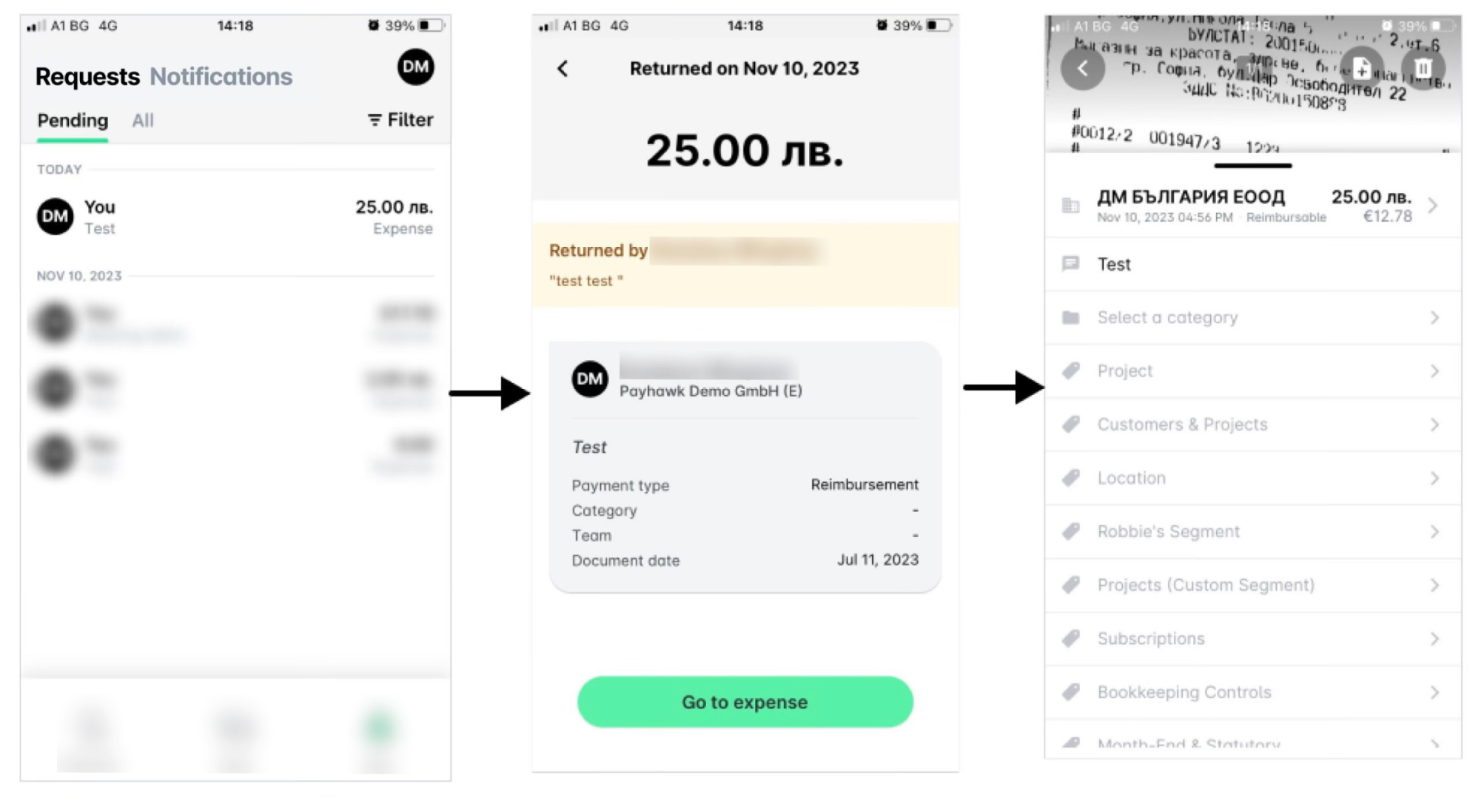 Overview of reimbursement request with details and navigation options for expenses.