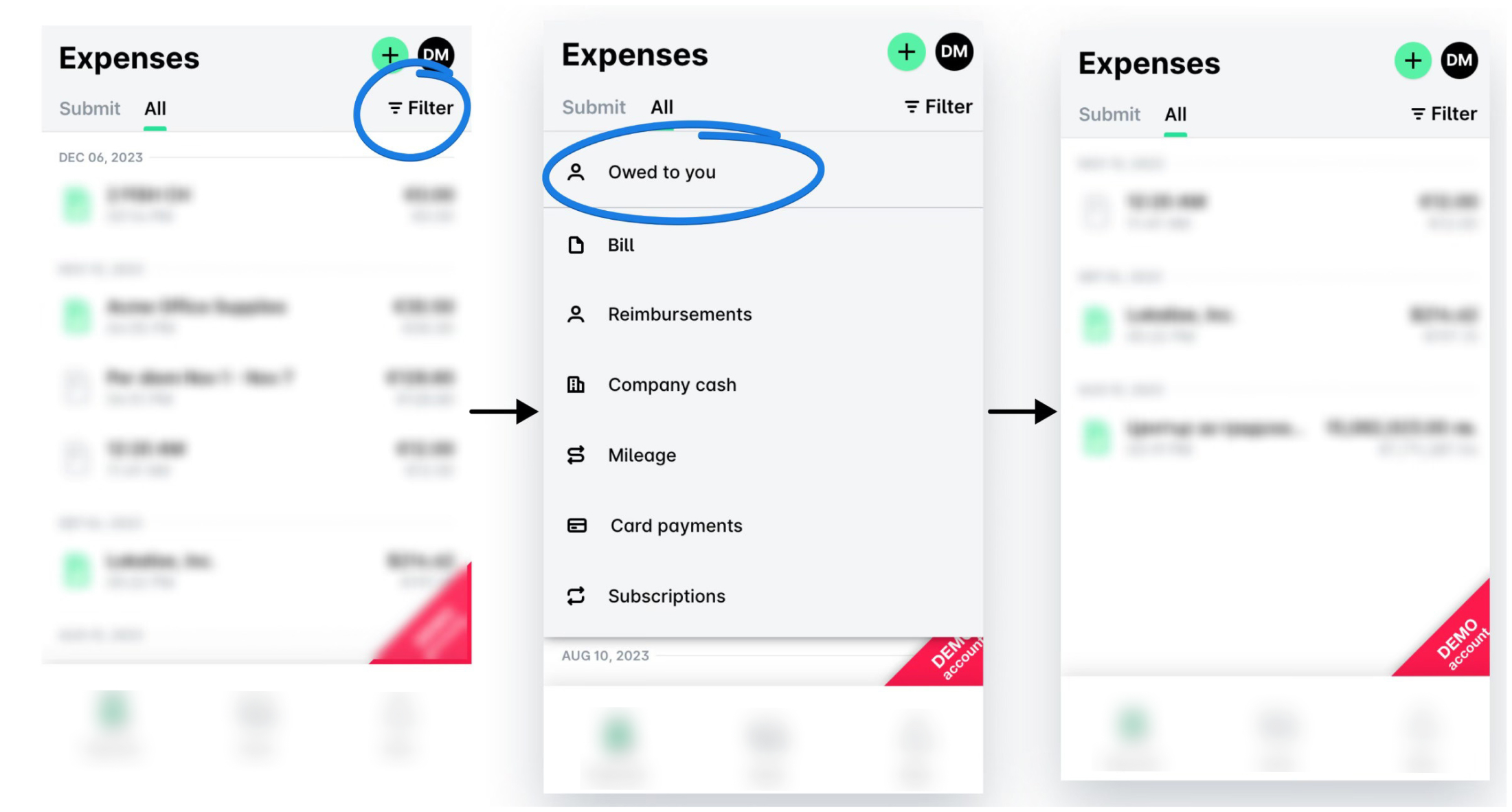 Expense management interface showing filter options and owed amounts for users.
