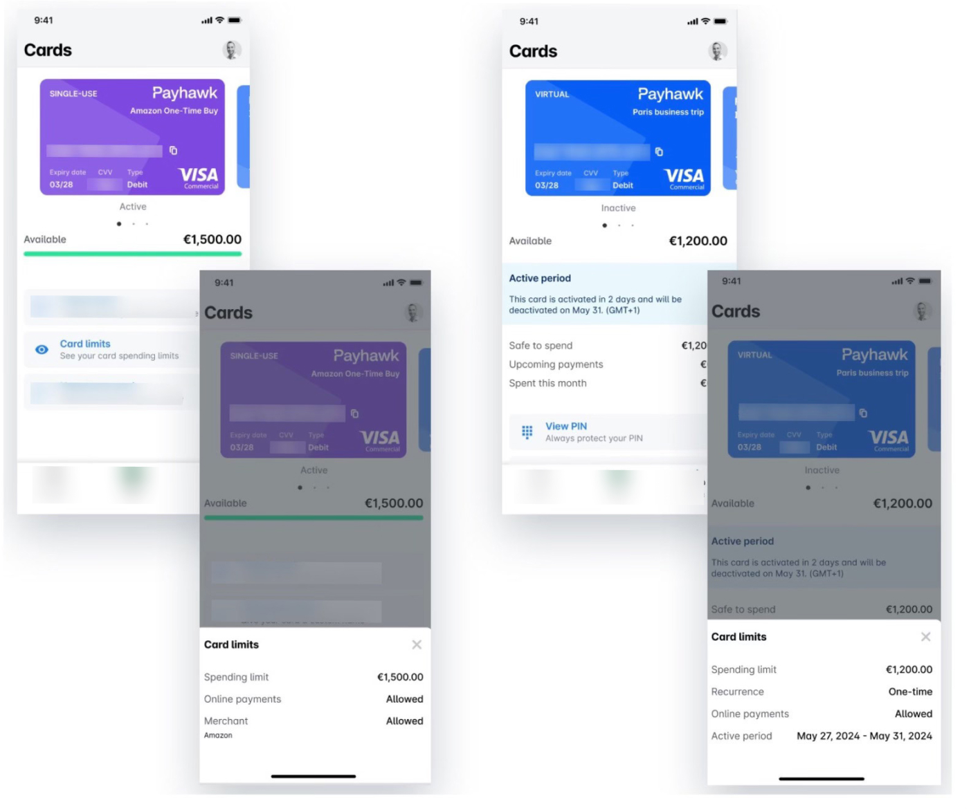 Payhawk card details showing spending limits and active periods for different cards.