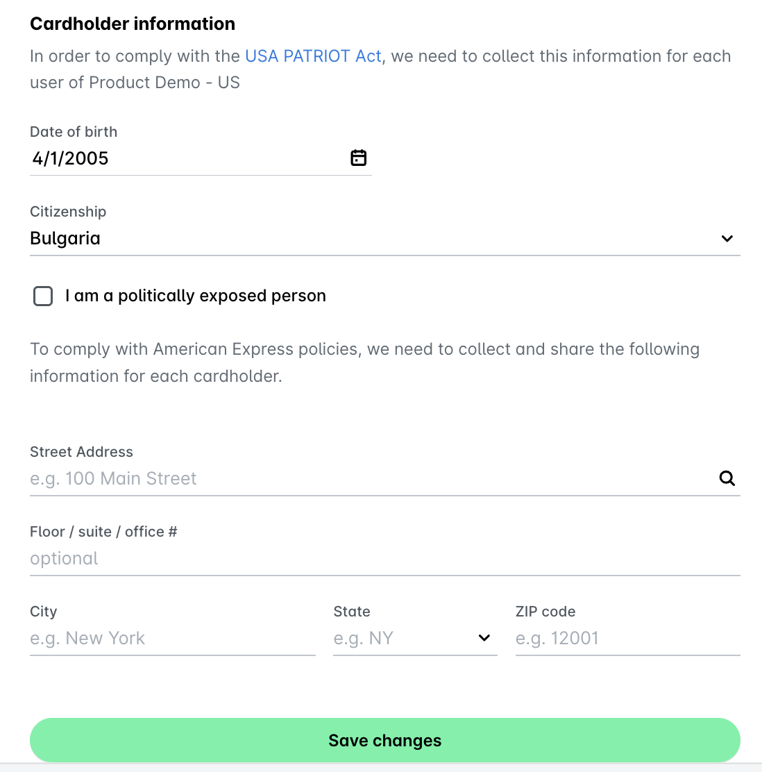 Formulario de solicitud de información del titular de la tarjeta para el cumplimiento de la ley USA PATRIOT Act y las políticas de American Express.