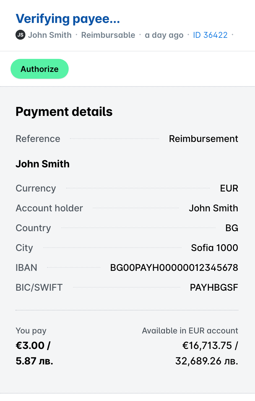 Expense detail in the Payhawk Web Portal showing the green Authorize button used to retry a rejected outgoing bank payment.