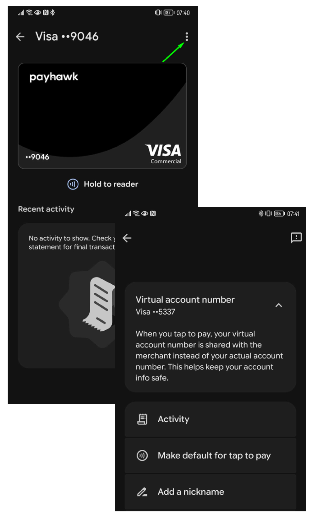 Visa card details with options for virtual account number and recent activity overview.