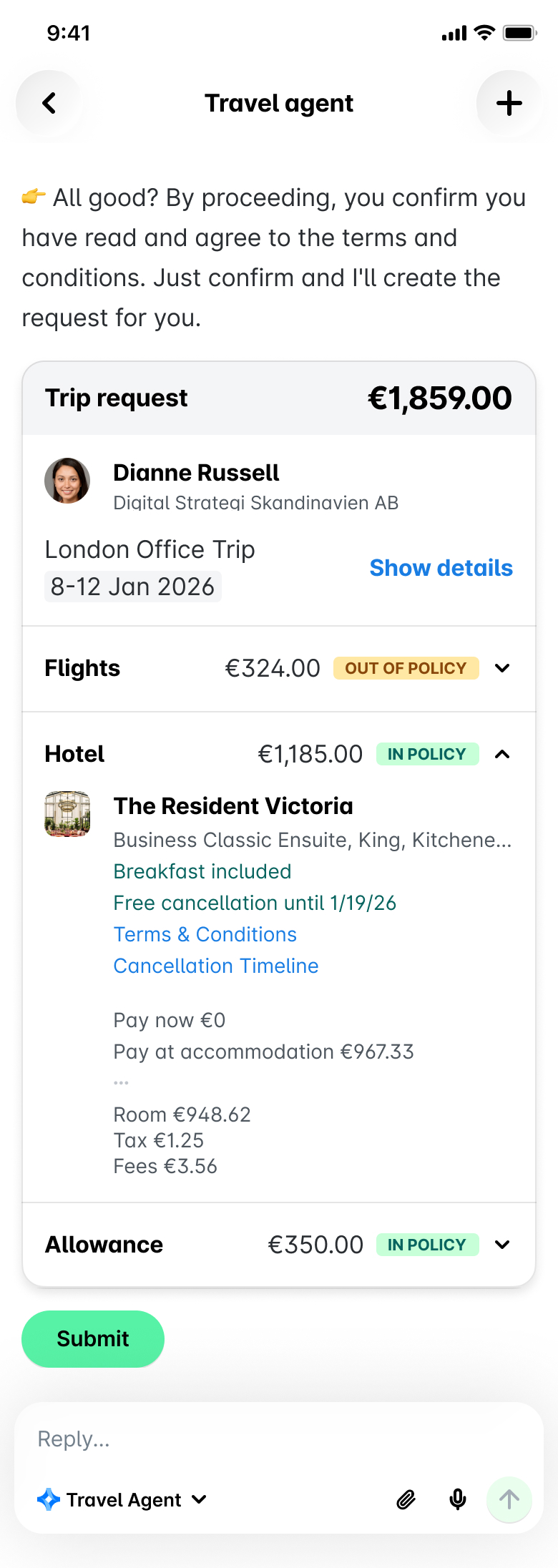 Trip request summary for Dianne Russell, including costs and policy details.