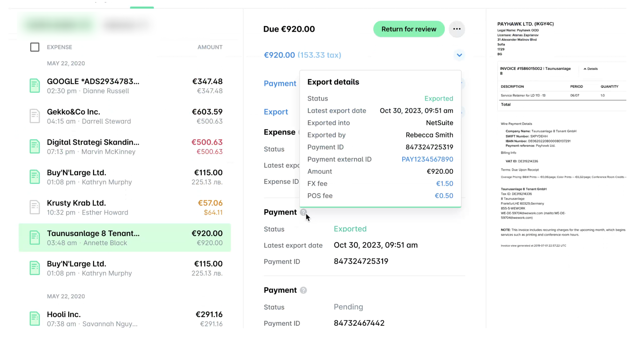 Expense report showing various transactions and payment details for Taunusanlage 8 Tenant.