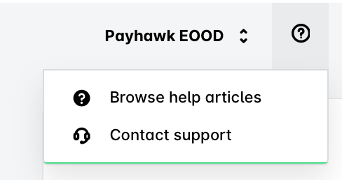 Payhawk EOOD menu with options to browse help articles and contact support.