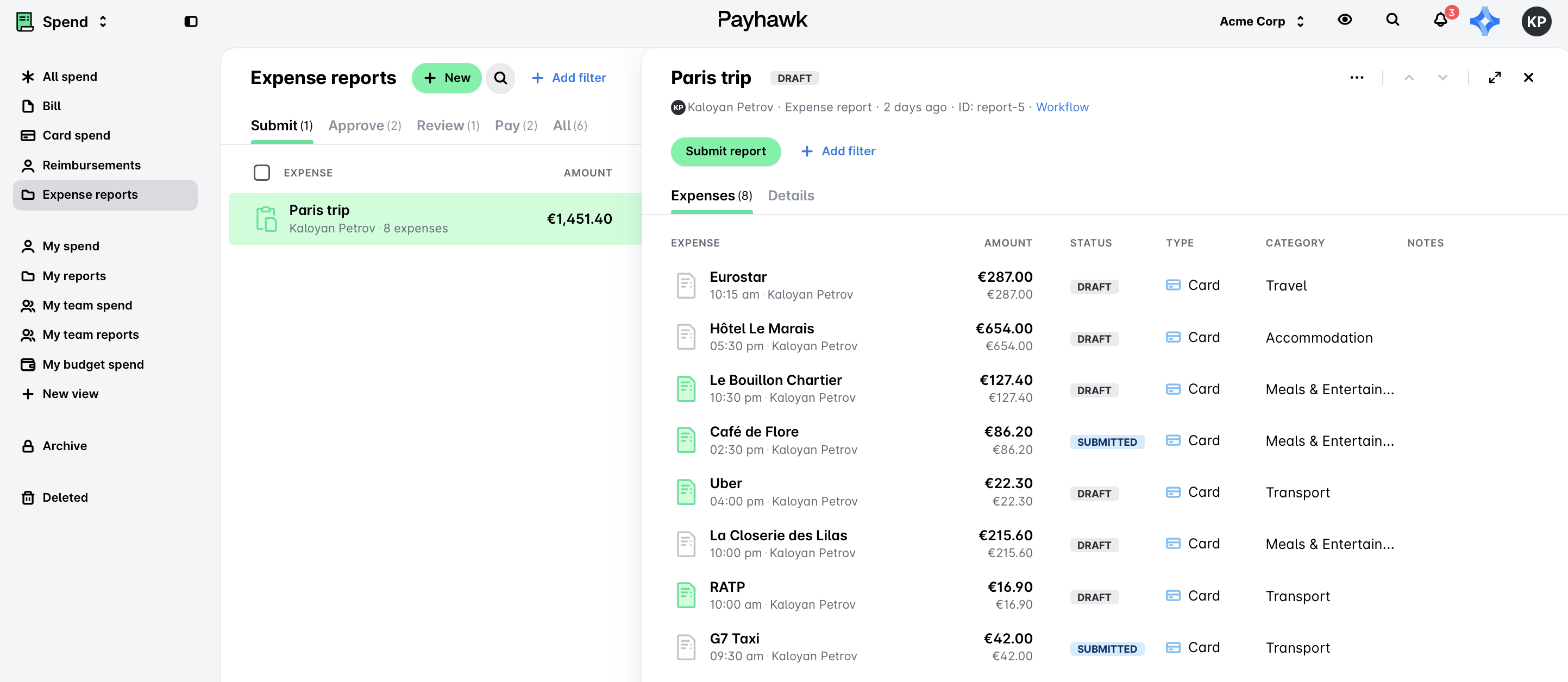 Expense report for Paris trip showing various expenses and their statuses.