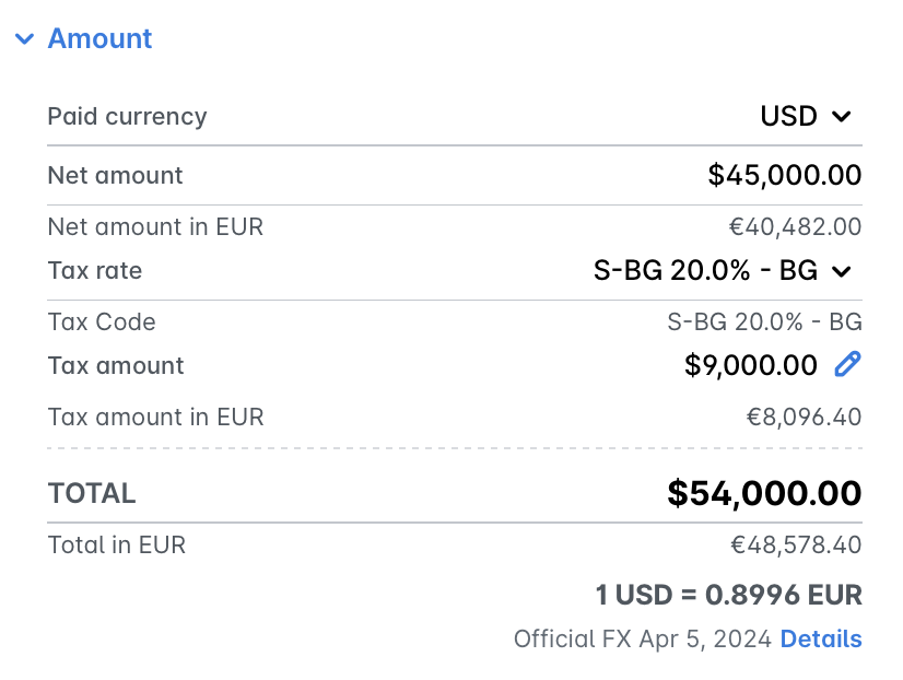 Summary of financial amounts including net amount, tax rate, and total in EUR.
