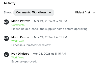 Activity log showing comments and workflow updates from team members on expenses.
