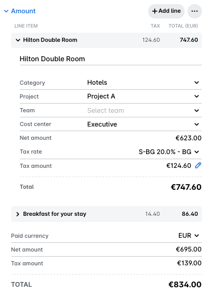 Invoice summary for Hilton Double Room and breakfast, detailing amounts and tax rates.