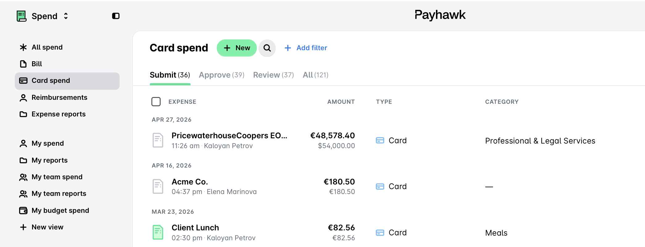 Overview of card spending with detailed expense entries and categories listed.