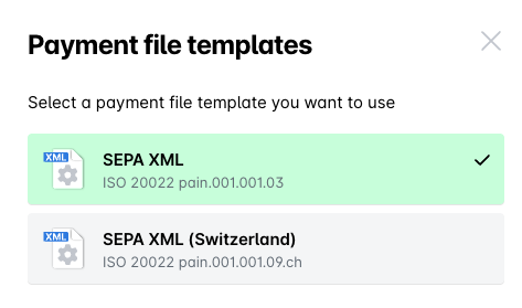 Select a payment file template, highlighting SEPA XML as the chosen option.