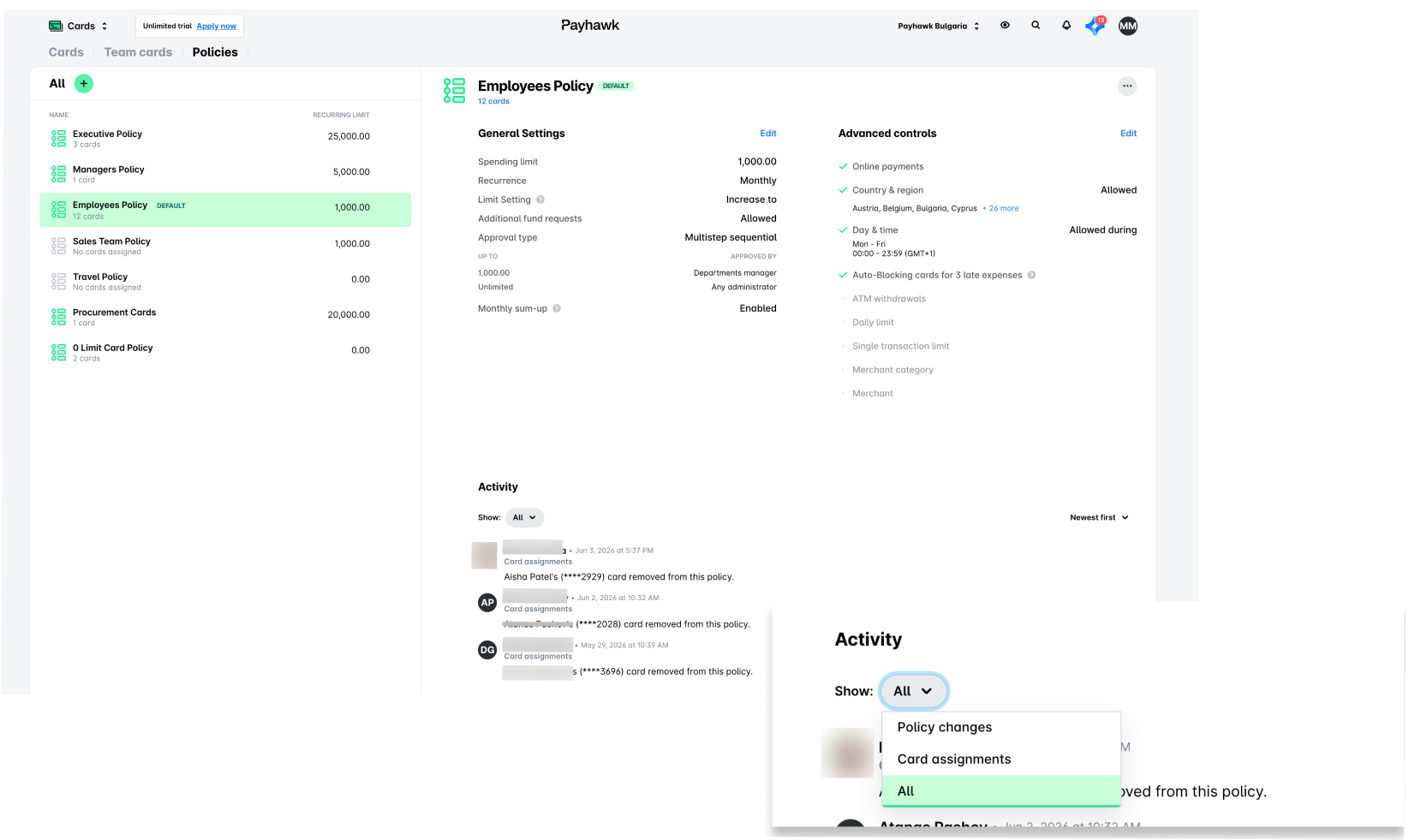 Overview of employee policy settings and recent activity updates in Payhawk interface.