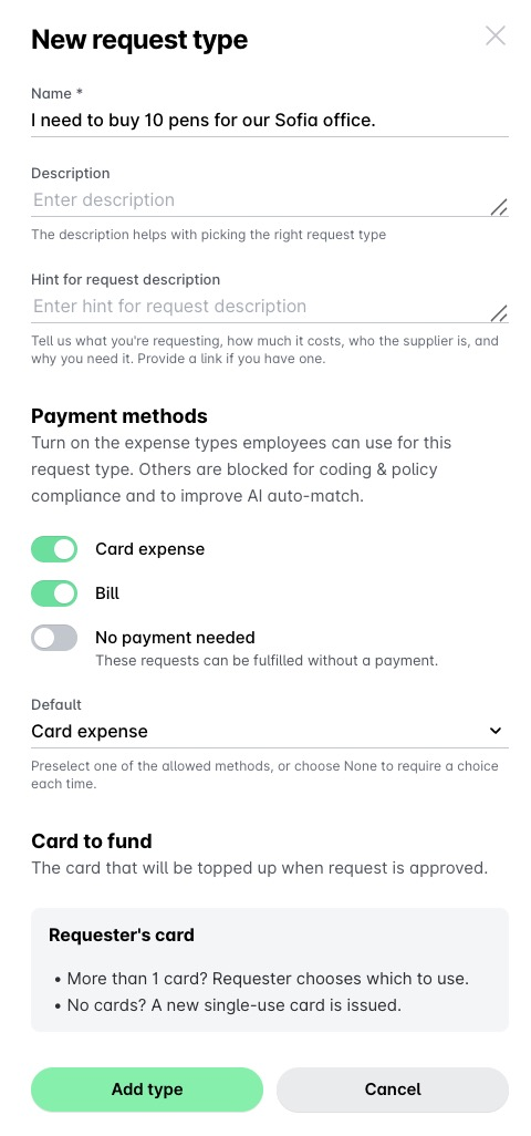 Form for requesting office supplies, including payment methods and request details.