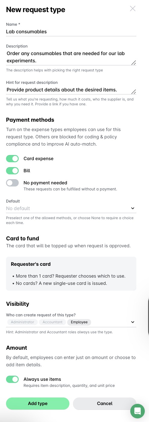Formulaire de demande de consommables de laboratoire, présentant les options de paiement et de visibilité.
