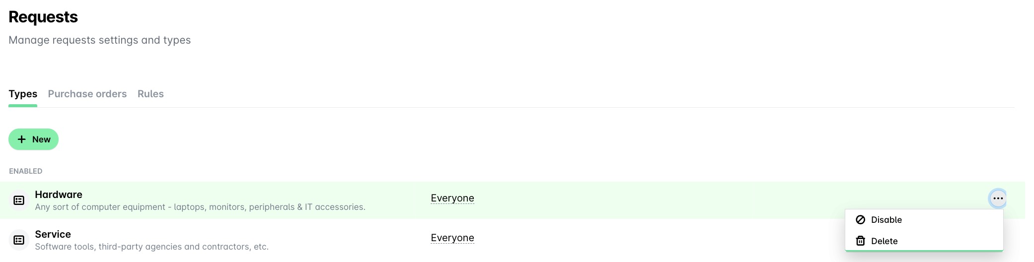Gérer les paramètres des demandes, avec des options disponibles pour les types de matériel et de service.