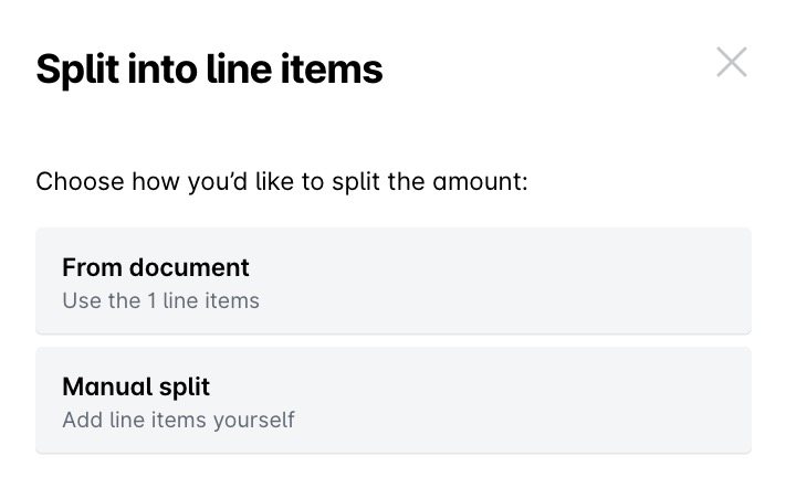 Options to split an amount into line items from a document or manually.