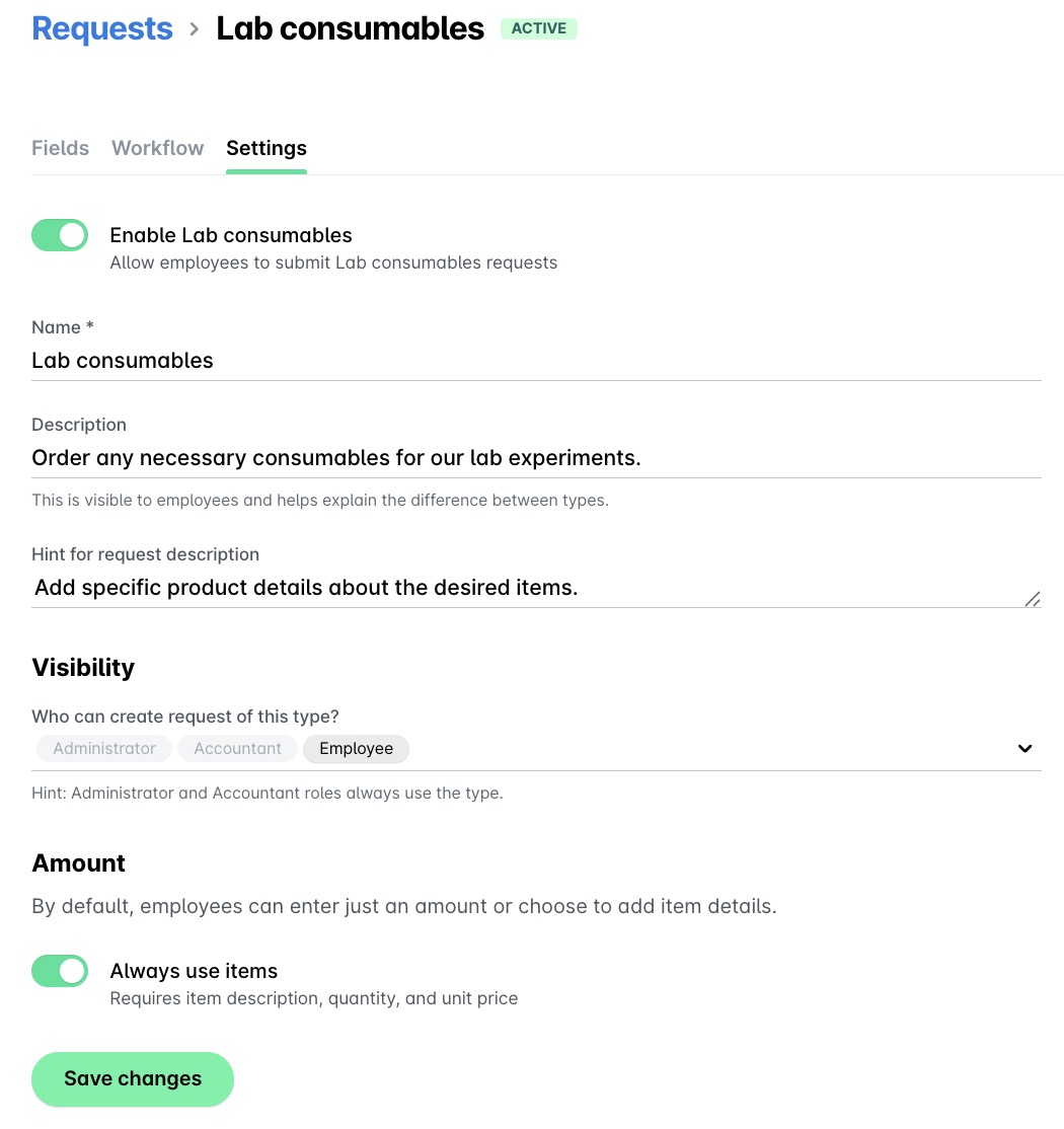 Einstellungsseite für Laborverbrauchsmaterial-Anfragen, mit Details zu den Optionen für Sichtbarkeit und Betrag.