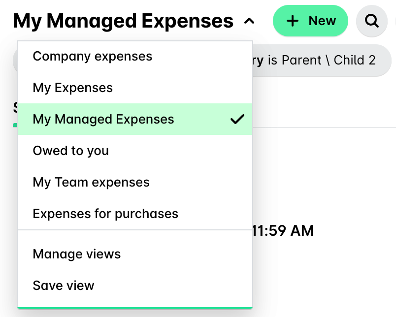 Dropdown menu showing selected option 'My Managed Expenses' in expense management interface.