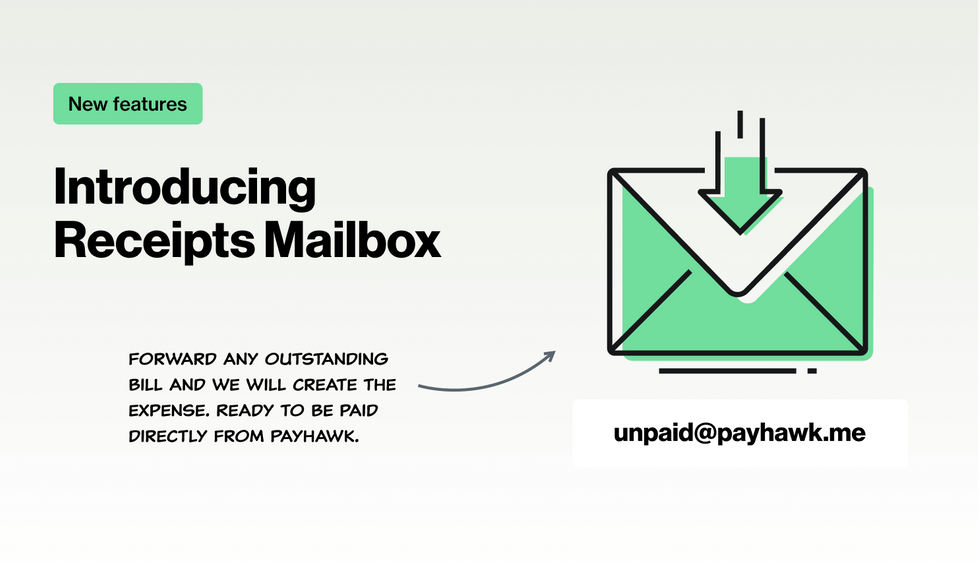 neue Receipts Mailbox von Payhawk:  Laden Sie unbezahlte Rechnungen und Quittungen direkt aus Ihrer Mailbox hoch.