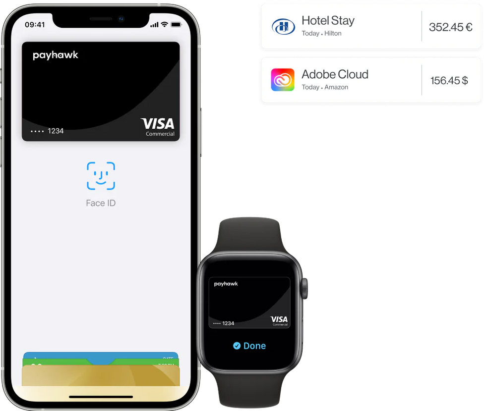 Visualización de Payhawk FaceID y pago rápido con una tarjeta Visa corporativa. Ilustra el soporte de Apple Watch e iOS