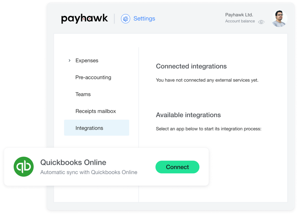 A screenshot from the Payhawk spend management solution, showing the interface of the new Quickbooks integration, explaining how to enable it. 