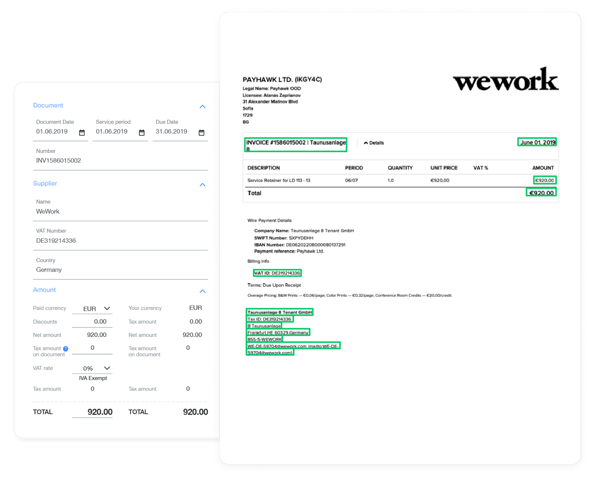 A screenshot showing how Payhawk Spend Management solutions' bespoke OCR system picks up all the invoice information automatically for immediate reconciliation.