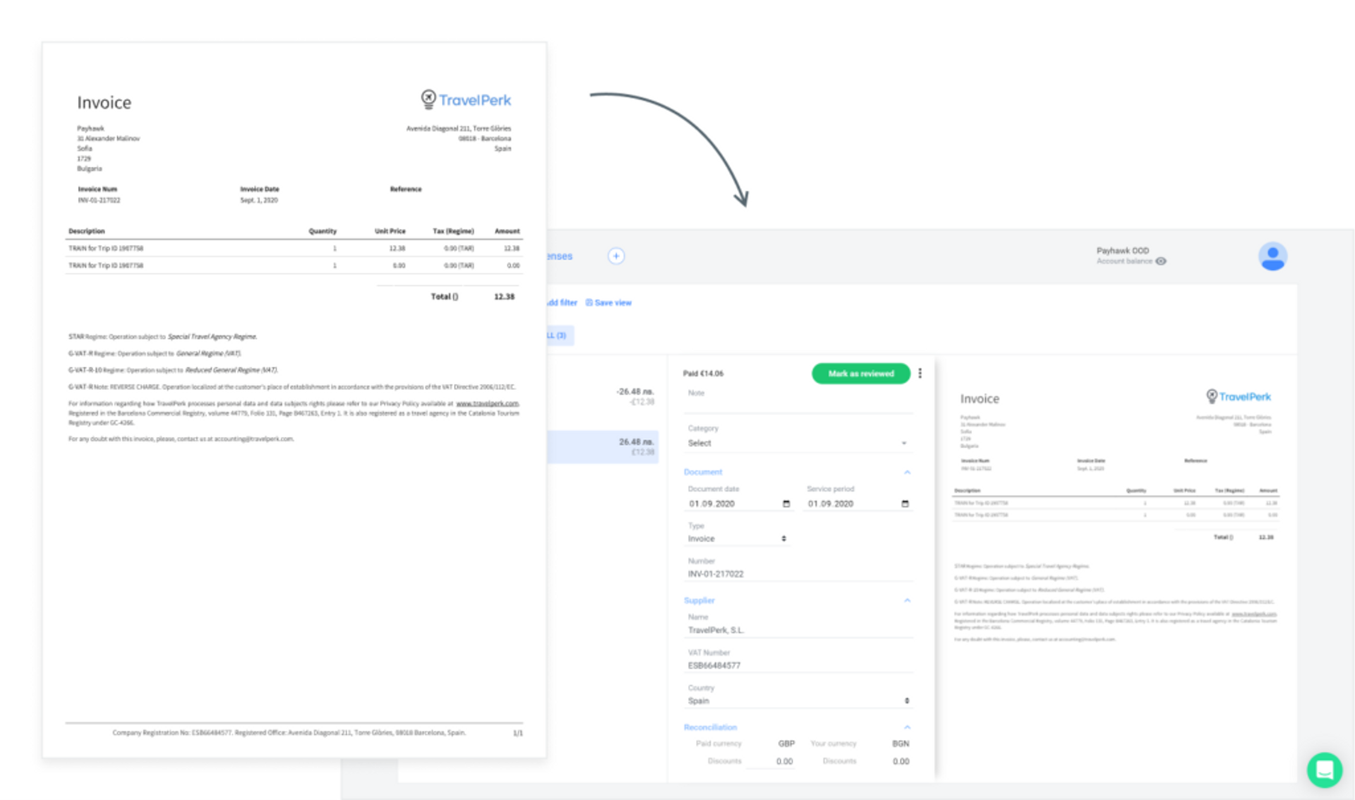 Screenshot from Payhawk business travel expense management software (TravelPerk integration dashboard) 