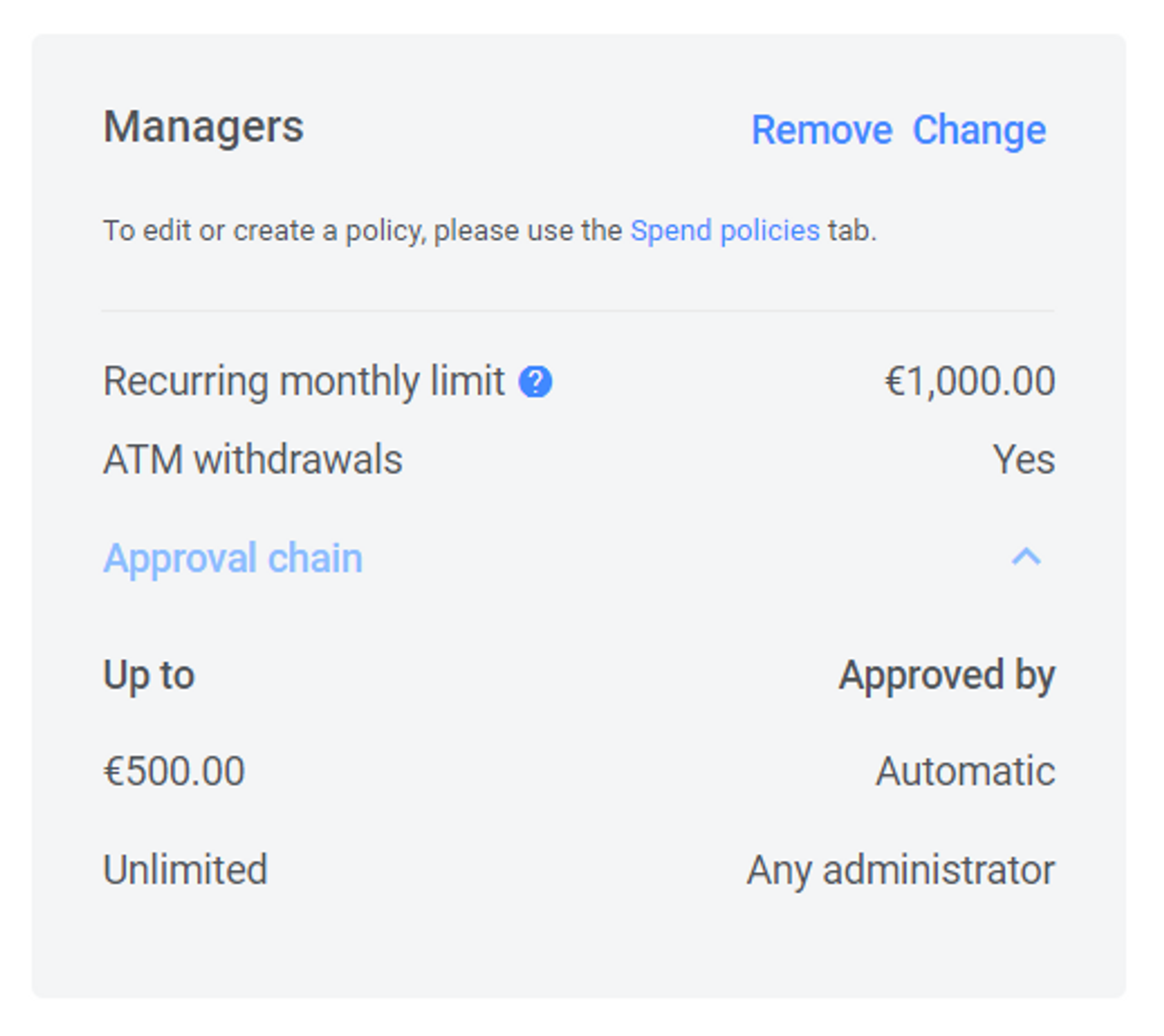 You can also define a limit for automatic approval on requests that is helpful if you don't want to bother administrators and the finance team for small requests