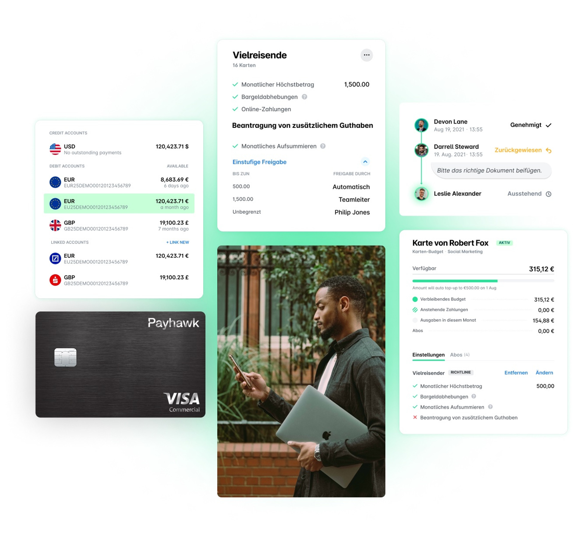 Mehrteiliges Bild, das die verschiedenen Funktionen der Payhawk Unternehmenskarte zeigt
