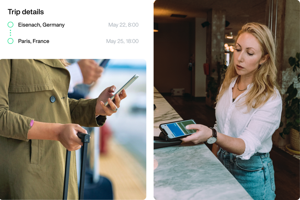 A finance professional checking out his travel expenses using Payhawk on the left side. On the right side - a woman checking-in a guest, who's paying with the PAyhawk corporate card at the check-in. l owner,