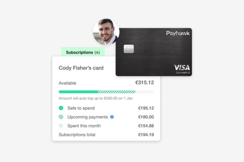 A corporate card balance view of the Payhawk spend management application, showing current subscriptions expenditure. 