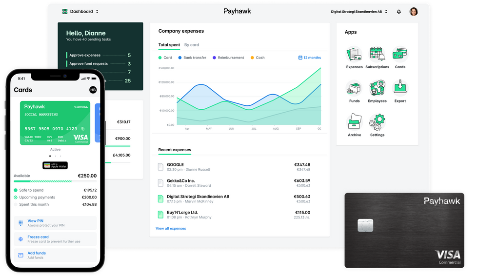 Dashboard of Payhawk's automated reconciliation application showing the movement of business expenses within the account. 