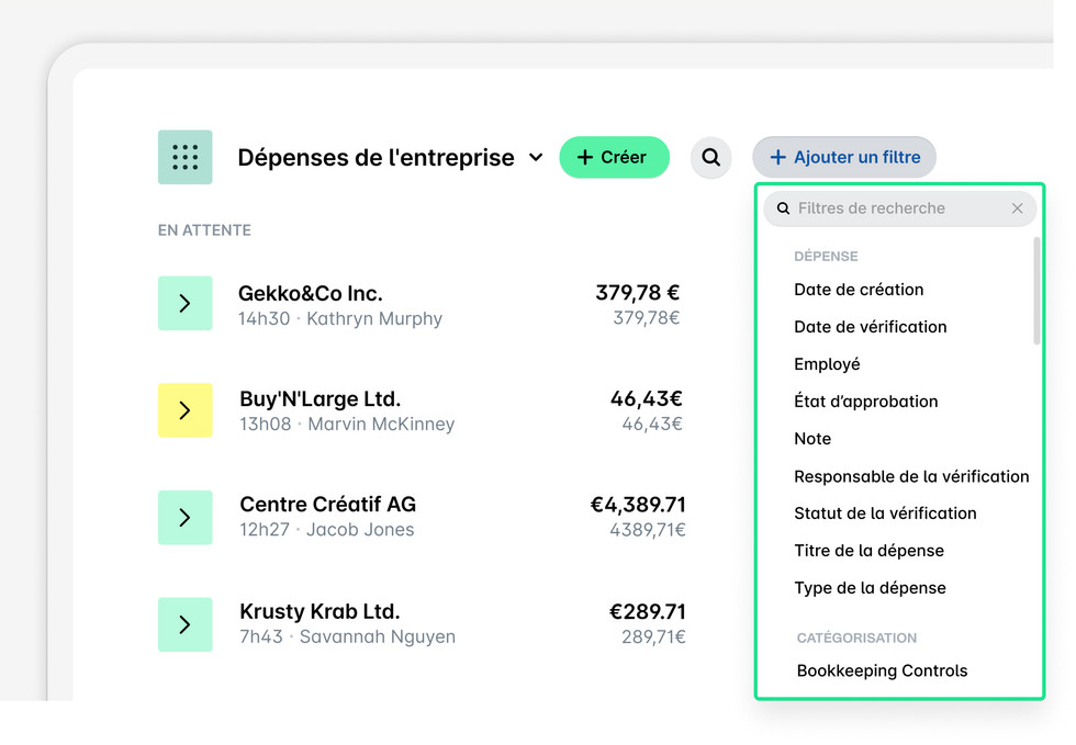 nouveaux filtres de dépenses