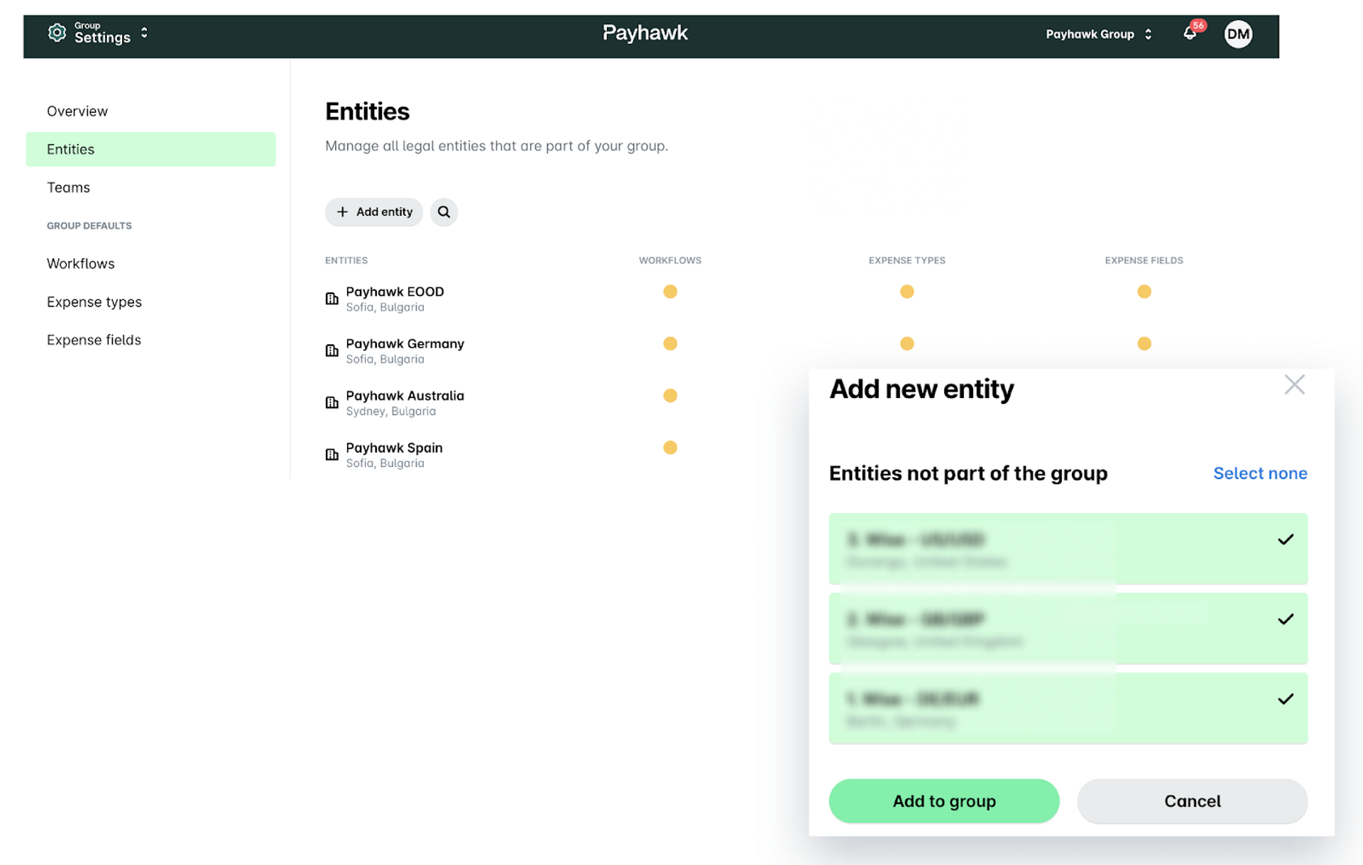 Een screenshot van de Payhawk oplossing voor uitgavenbeheer, die laat zien hoe je eenvoudig een nieuwe entiteit aan een groep kunt toevoegen.