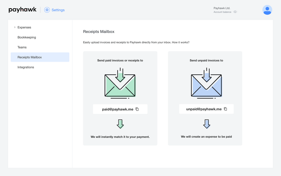 Payhawk expense management mailbox screenshot