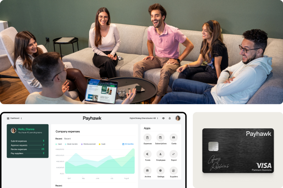 three-grid image showing a group of young employees collaborating, a preview of the payhawk spend management dashboard and the payhawk corporate card