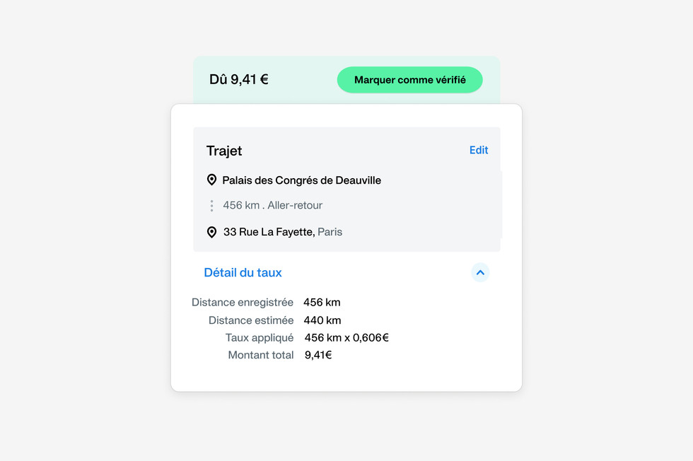 Une capture d’écran de l’application Payhawk pour calculer les frais kilométriques déductibles d'impôts lors d'un déplacement professionnel