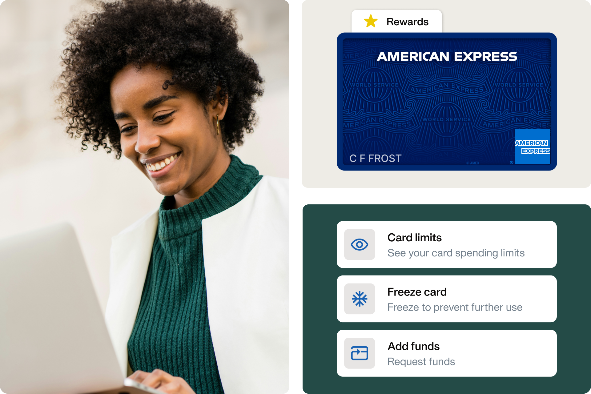 Image with 3 parts, illustrating a happy employee and the card controls available with Payhawk and American Express Platinum integration 