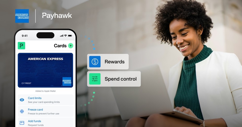 Image showing a woman with a laptop and a screen of a mobile app illustrating the card controls available with Payhawk and AMEX integration 