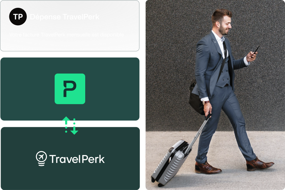 Image d'un homme avec une valise utilisant l'intégration Payhawk et TravelPerk pour gérer ses frais de voyage d'affaires.