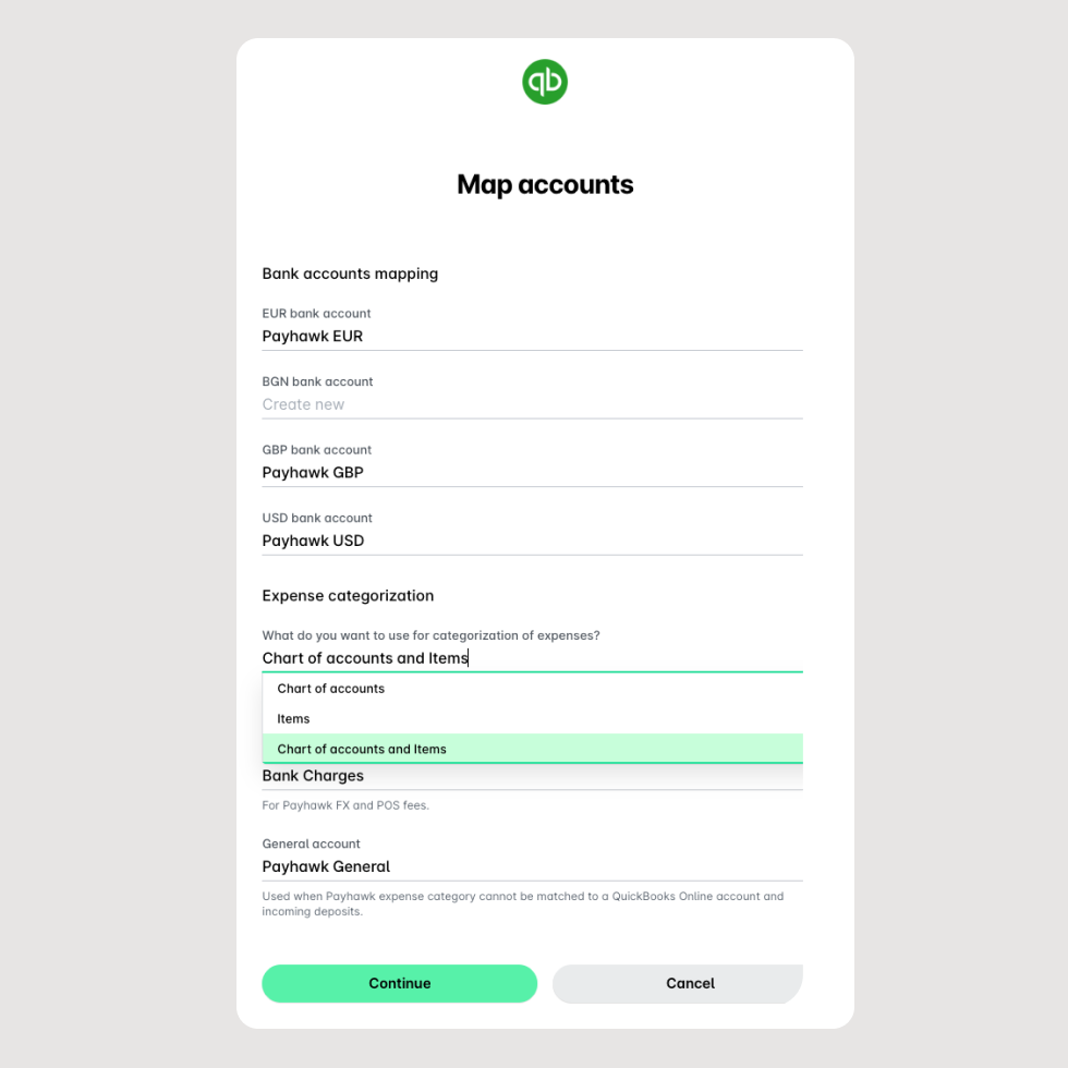 Payhawk's directe integratie met Quickbooks - geautomatiseerde afstemming van onkostencategorieën, regelitems en rekeningschema's