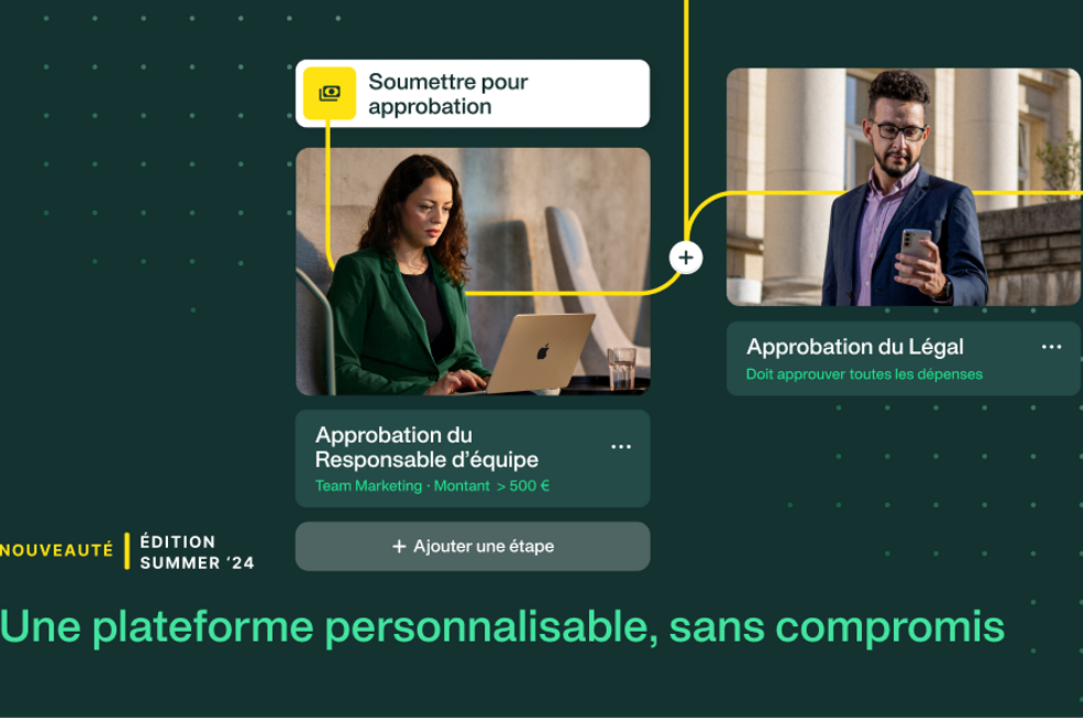Image de deux employés validant des dépenses, illustrant le fonctionnement du Designer de workflows 